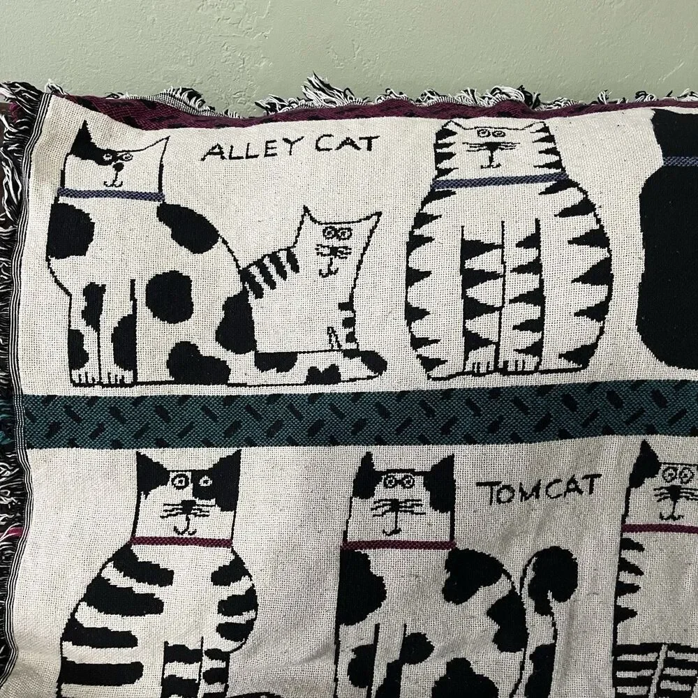 Crown Crafts Pat Meyers Cat Woven Throw Blanket Cotton Fringe Tapestry 60x50 USA